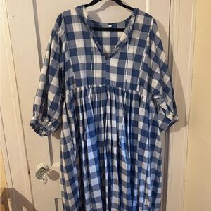 blue check cotton midi dress